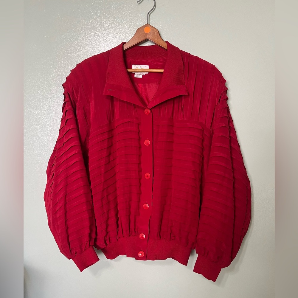 Vintage 100% Silk Bombers Jacket oversized Size M Perlita Brend Pleated design - Picture 2 of 9